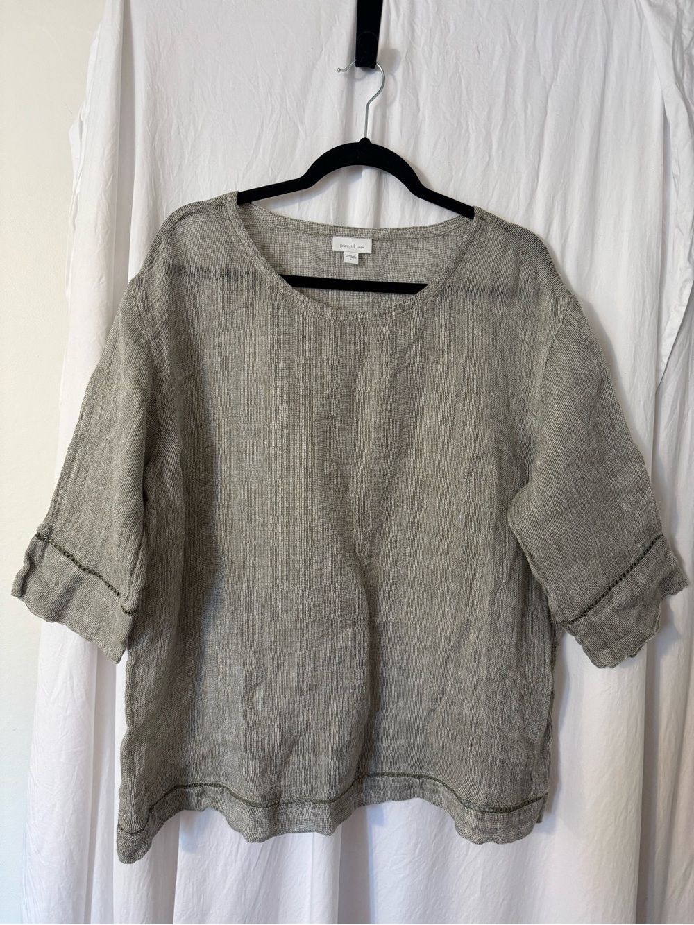 Pure  Jill Linen Grey/ Olive greenish Linen Relaxed Crewneck Top. Boxy Sheer.